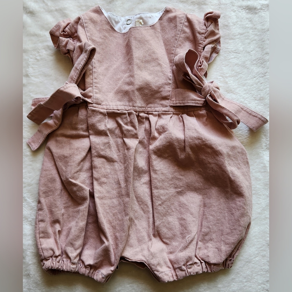 LIKE NEW Pink Onesie with Bows, Ruffled Sleeves, and Gathered Waist